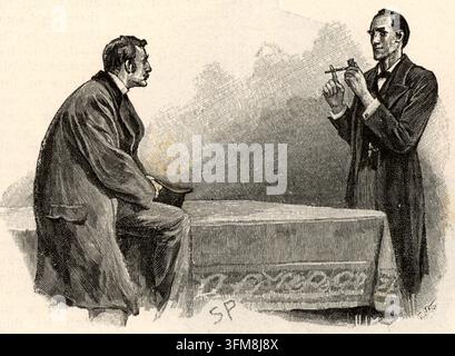 Un’incisione di Sidney Paget (1860–1908) che raffigura Sherlock Holmes e il dottor John Watson nel racconto di Arthur Conan Doyle (1859–1930) intitolato "L’avventura del volto giallo". Questa illustrazione è stata pubblicata come parte di "Le memorie di Sherlock Holmes" e ha contribuito a stabilire l’iconica identità visiva dei personaggi. 1893. Foto Stock