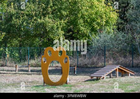 Un parco per cani recintato all'aperto presenta un cerchio salterello a forma di zampa giallo e una rampa da passeggio per cani in legno sullo sfondo di alberi verdi del parco. Foto Stock