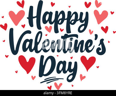 Auguri felici di San Valentino con illustrazione vettoriale di cuori rossi e rosa. Illustrazione Vettoriale