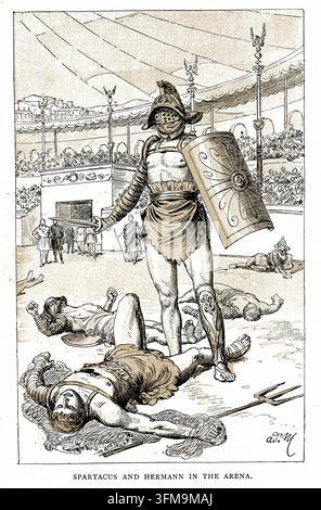 Un'illustrazione intitolata "Spartacus e Hermann nell'Arena", che raffigura il gladiatore trace Spartaco (c.111–71 a.C.) in piedi vittorioso su combattenti caduti in un anfiteatro romano. Spartaco fu il capo dell'esercito di schiavi durante la Terza Guerra degli Schiavi (73–71 a.C.), una grande rivolta contro la Repubblica romana che fu alla fine repressa dal generale romano Marco Licinio Crasso. Questa rappresentazione della fine del XIX secolo dell'artista francese Adrien Marie (1848–1891) fu prodotta per il romanzo storico di Alfred J. Church (1829–1912) Duemila Anni Fa; o, Le Avventure di un Ragazzo Romano, pu Foto Stock
