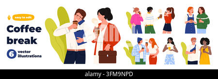 Set di colleghi che tengono tazze di caffè da asporto durante pause informali, con coppie che chiacchierano, figure in piedi, abiti da ufficio, valigetta, quaderni e interazione sociale rilassata in arte vettoriale piatta Illustrazione Vettoriale