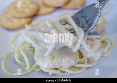 Forchetta in acciaio inossidabile che solleva spaghetti in salsa di panna con tonno da un piatto di ceramica bianco con cracker, ristorante, Bangkok, Thailandia Foto Stock
