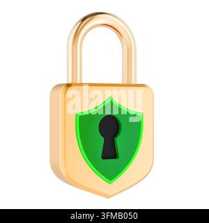 Lucchetto dorato con protezione a scudo verde. Rendering 3D isolato su sfondo bianco - Fotomontaggio Foto Stock