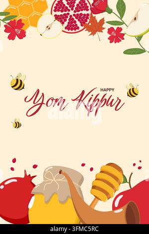 Illustrazione festiva di Yom Kippur con testo "Happy Yom Kippur" in scrittura rossa, circondata da api, barattolo di miele, cucchiaio per il miele, mele, melagrane, shofar, f Foto Stock