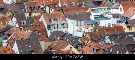 Vista aerea panoramica del mosaico dei tetti rossi di Heidelberg tetti piastrellati storiche case colorate medievale della città vecchia tedesca Baden-Wurttemberg. Astratto Foto Stock