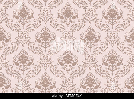 Motivo damascato floreale rosa polveroso su rosa cipria. Ornamento classico vintage con delicate volute fogliose in toni pastello morbidi. Vettore romantico Illustrazione Vettoriale