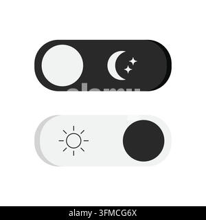 Un insieme di interruttori a levetta per la modalità luce e oscurità con icone di sole, mezzaluna e stelle per la selezione del tema dell'interfaccia utente e le impostazioni dello schermo. Illustrazione Vettoriale