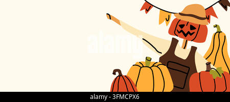 Simpatico spaventapasseri di Halloween con zucche, modello di banner vettoriale disegnato a mano Illustrazione Vettoriale