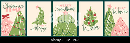 Set di biglietti di Natale con alberi minimalisti per auguri di festa invernale e post sui social media Illustrazione Vettoriale