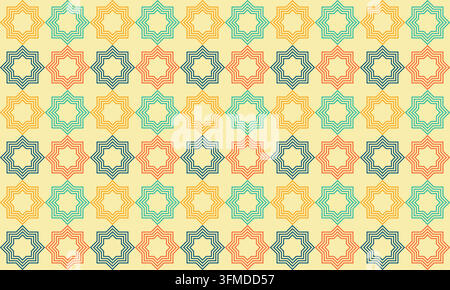 Un motivo geometrico senza cuciture con motivi a forma di stella ripetuti in colori caldi e retrò. Il design è disposto in una griglia, con ogni stella composta o Illustrazione Vettoriale