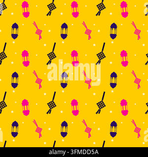 Un motivo vivace e senza cuciture con motivi islamici tradizionali su uno sfondo giallo brillante. Il design include lanterne stilizzate, riso ketupat Illustrazione Vettoriale