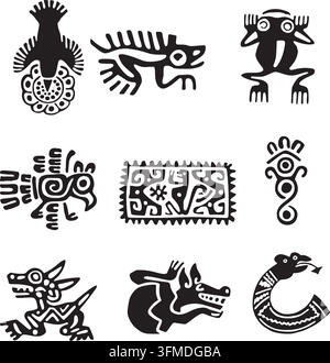 Set di vettori di simboli indiani monocromi. Ornamento nazionale dei nativi americani, aztechi, maya, inca. Illustrazione Vettoriale