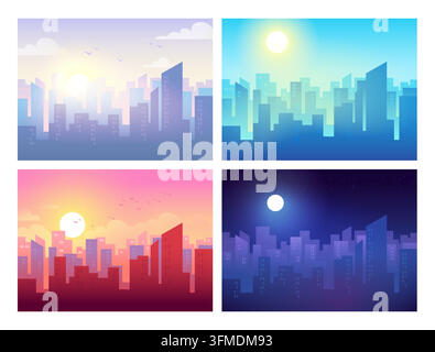 Città giorno e notte. Cielo mattina, pomeriggio o tramonto sole. Paesaggio minimale di edifici diurno, paesaggio urbano tra le nuvole, architettura moderna. Sfondi orizzonte. Set di illustrazioni in stile piatto vettoriale Illustrazione Vettoriale