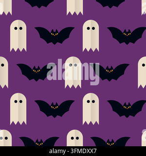 Modello vettoriale senza cuciture con fantasmi di Halloween e pipistrelli neri Illustrazione Vettoriale