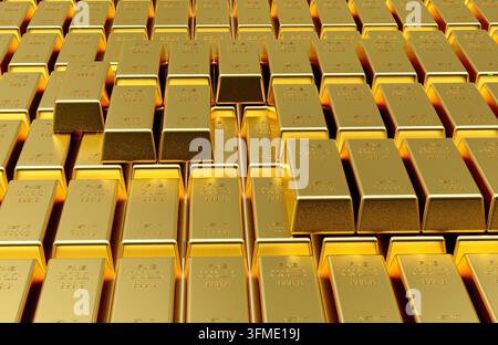 Vista ravvicinata di più lingotti d'oro impilati in file ordinate, che mostrano lingotti dorati lucidati associati alla ricchezza, alla finanza, agli investimenti e al settore bancario Foto Stock