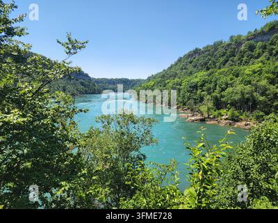 Gorgo del fiume Niagara e rapide viste attraverso le foglie di alberi verde brillante in una giornata soleggiata. Foto Stock