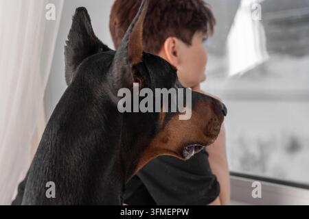 Una donna in maglietta nera con capelli castani corti è in piedi vicino alla finestra con il suo Doberman Pinscher. Guardano insieme all'esterno mentre le gocce di pioggia creano un co Foto Stock
