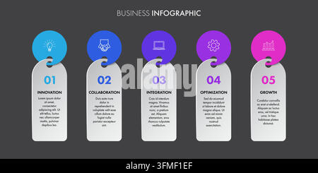 Modello di infografica aziendale a 5 passaggi con etichette a nastro sospese Illustrazione Vettoriale