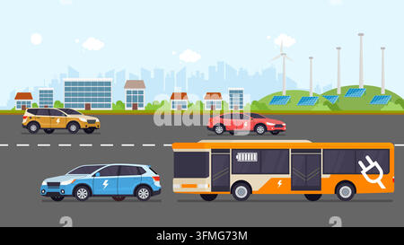 Illustrazione vettoriale piatta di auto elettriche e di un autobus elettrico che percorrono una strada cittadina, con turbine eoliche e pannelli solari sullo sfondo che rappresentano Illustrazione Vettoriale