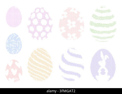 Collezione di uova di Pasqua in pixel art con motivi trame. Questo set presenta uova carine in stile bitmap retrò, ideali per progetti festivi o decorazioni digitali Illustrazione Vettoriale