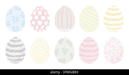 Collezione di uova di Pasqua in pixel art con vari motivi tramezzati. Questo set presenta uova pixelate artistiche, ideali per i design delle feste. Illustrazione vettoriale Illustrazione Vettoriale