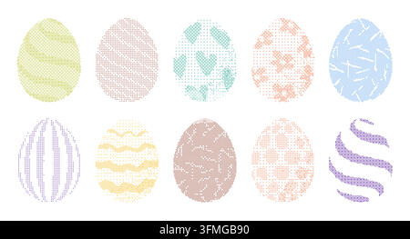 Collezione di uova di Pasqua in pixel art con vari motivi tramezzati. Questo set presenta uova pixelizzate artistiche, ideali per i design festivi. Illustrazione vettoriale Illustrazione Vettoriale