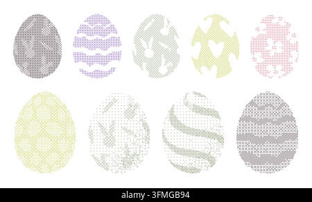 Collezione di uova di Pasqua in pixel art con vari motivi tratteggiati. Questo set presenta uova pixelizzate artistiche, ideali per i design delle festività. Illustrazione vettoriale piatta Illustrazione Vettoriale