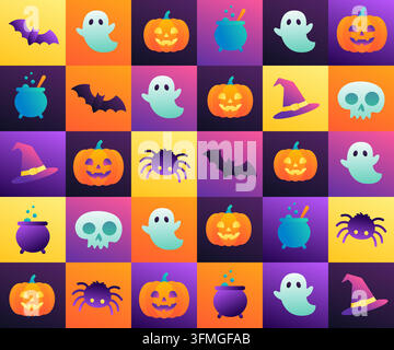 Modello senza cuciture con icone di Halloween con zucche, fantasmi, pipistrelli e cappelli da strega su una griglia colorata Illustrazione Vettoriale