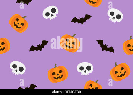 Modello senza cuciture di Halloween con zucche, pipistrelli e teschi su sfondo viola Illustrazione Vettoriale