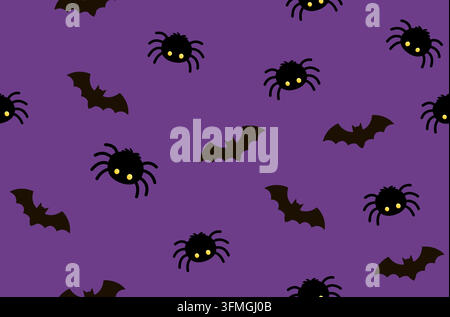 Motivo spaventoso di Halloween senza fine con ragni neri e pipistrelli sparsi su uno sfondo viola vivace, perfetto per i design e le decorazioni per le feste Illustrazione Vettoriale