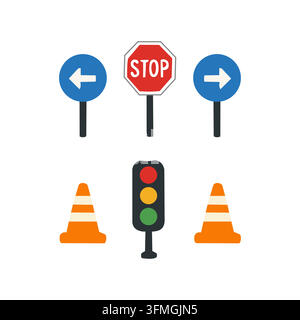Set di segnali stradali e elementi stradali vettoriali piatti inclusi cartello di stop, frecce direzionali, semaforo e coni di sicurezza Illustrazione Vettoriale
