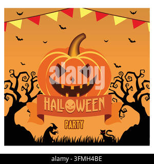Modello di banner Buon Halloween con zucche di Halloween e elementi di Halloween su sfondo di legno. Illustrazione moderna vettoriale piatta Illustrazione Vettoriale