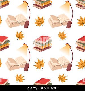 Modello senza cuciture di lettura autunnale accogliente con libri, lampada da lettura e foglia d'acero piatta Illustrazione Vettoriale
