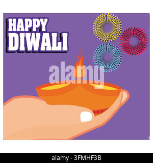 Buon Diwali con un design moderno che presenta lampade a olio diya. Illustrazione moderna vettoriale piatta Illustrazione Vettoriale