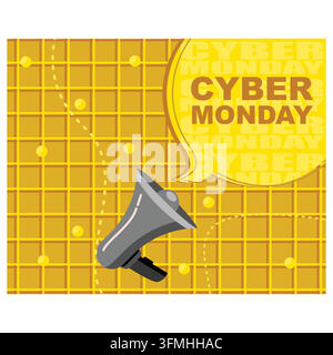 Vendite del Cyber Monday. Banner giallo a megaphone. Cartello prezzo speciale. Simbolo di sconto pubblicitario. Chat Cyber Monday pensa messaggi a megaphone. Illustrazione Vettoriale