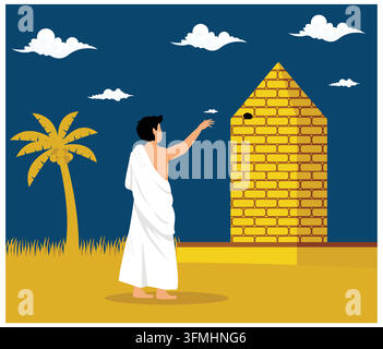 Concetto di Jamaraat e Hajj che lapidano Satana, pellegrini musulmani che gettano pietre contro il muro. Festa religiosa musulmana. Illustrazione vettoriale moderna piatta Illustrazione Vettoriale