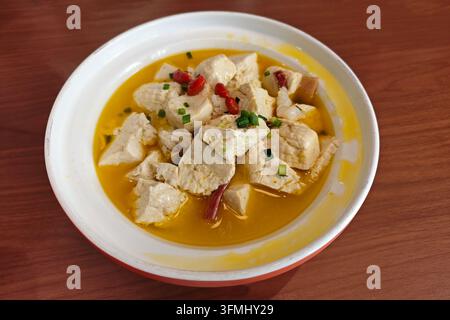 Cubi di tofu morbido cotti a fuoco lento in un brodo dorato saporito, guarniti con bacche di goji e cipollotti tritati in una ciotola bianca Foto Stock