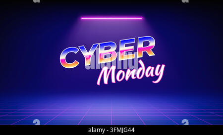 Banner dell'offerta neon di Cyber Monday. Palcoscenico illuminato da neon, faretto LED rosa viola, sfondo blu. Design minimalistico dello sfondo per la presentazione Illustrazione Vettoriale