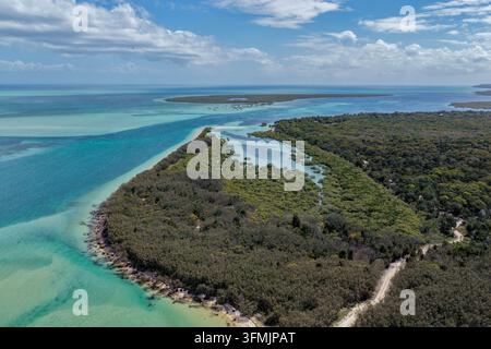 Vista aerea di Moreton Island che mostra le lussureggianti foreste di mangrovie, le acque turchesi, la costa sabbiosa e una strada sterrata che si snoda attraverso la vegetazione Foto Stock
