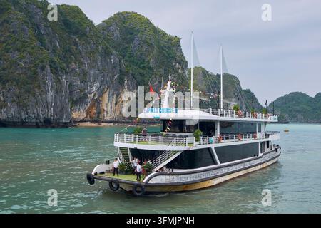 Il Vietnam, Golfo del Tonchino, Quang Ninh provincia, la baia di Ha Long (Vinh Ha Long) elencati come patrimonio mondiale dall' UNESCO (1994), iconico paesaggio del Carso landforms, navi da crociera Foto Stock