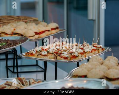 Piatto di finger food assortiti tra cui mini panini e antipasti con formaggio e pomodoro su spiedini. Foto Stock