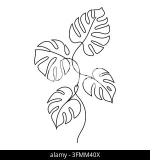 Foglie di Monstera Disegno a una linea con tratto modificabile. Illustrazione Vettoriale