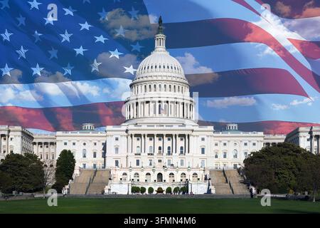 Vicino al Capitolio degli Stati Uniti con bandiera americana Foto Stock