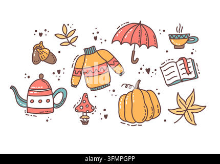 Collezione di elementi Benvenuto autunno, oggetti stagionali carini disegnati a mano. Illustrazione vettoriale in stile doodle Illustrazione Vettoriale