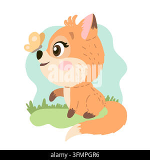 Illustrazione di una volpe carina e divertente seduta con una farfalla sul naso. Personaggio per bambini vettoriale disegnato a mano Illustrazione Vettoriale