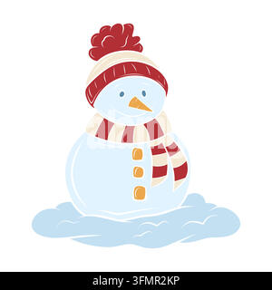 Illustrazione vettoriale di un pupazzo di neve con cappello rosso e sciarpa a righe Illustrazione Vettoriale
