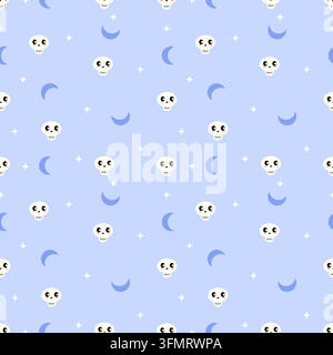 Motivo Halloween senza cuciture blu pastello con simpatici teschi kawaii, falci di luna e stelle scintillanti su uno sfondo blu morbido, adatto per tessuti Illustrazione Vettoriale