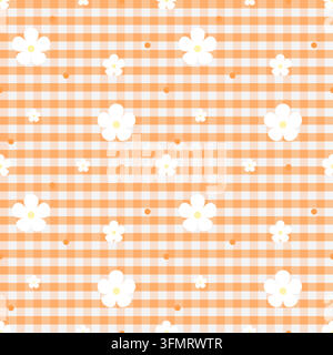 Motivo senza giunture a quadri arancioni allegri con fiori bianchi sparsi, centri gialli morbidi e piccoli punti arancioni Illustrazione Vettoriale