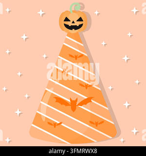 Simpatico cappello da festa di Halloween arancione con pipistrelli, strisce bianche e una cima a zucca jack-o'-lantern sorridente con stelle scintillanti su una pasta arancione calda Illustrazione Vettoriale