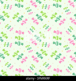 Simpatico motivo senza cuciture con caramelle avvolte a righe nei colori rosa, verde menta e verde lime con piccole stelle scintillanti su uno sfondo pastello morbido Illustrazione Vettoriale